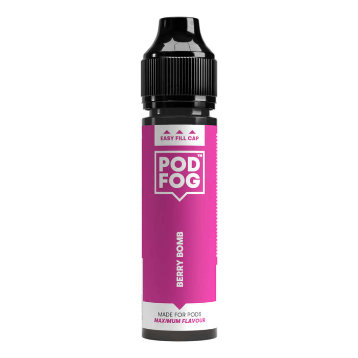 Berry Bomb 60ml Long Fill e-liquid by POD FOG, perfect for pod devices, showcasing vibrant pink label with easy fill cap.