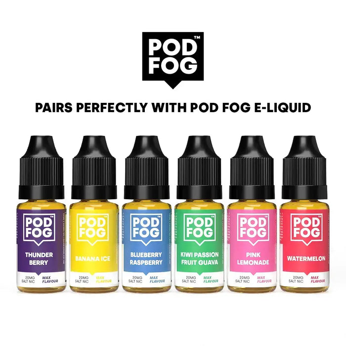 Variety of Pod Fog e-liquids including thunder berry, banana ice, blueberry raspberry, kiwi passion fruit guava, pink lemonade, and watermelon.